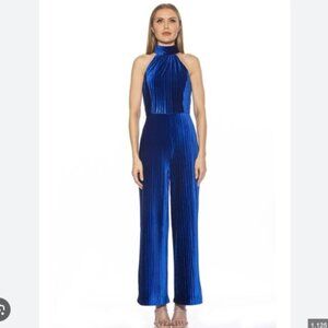 Alexia Admor Size 8 Meghan Halter Wide Leg Velvet Jumpsuit in Blue NWT